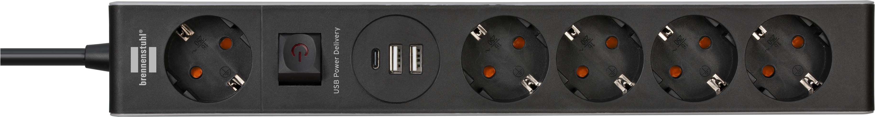 Regleta de enchufes de 5 vías con USB Power Delivery para carga rápida (1x  cargador tipo C, 2x USB 2,4 A, cable de 1,5 m, con interruptor) TYPE F