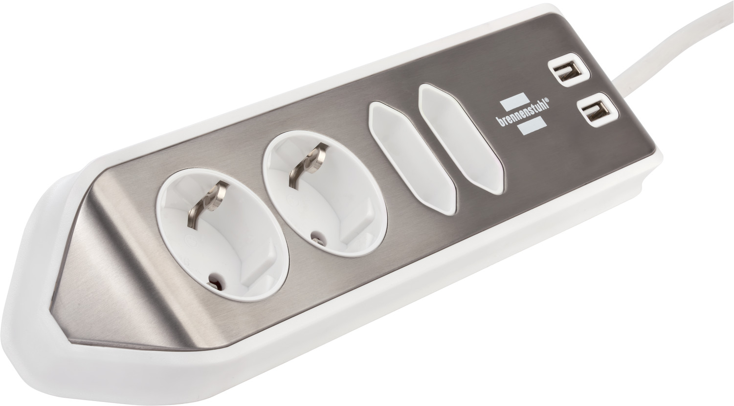 Enchufe de esquina brennenstuhl®estilo con función de carga USB 4 vías 2x  tomas de corriente & 2x Europeo plata/negro