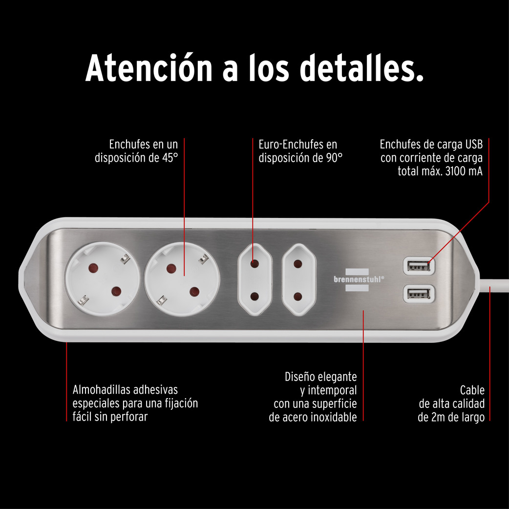 Regleta con 5 Schuko + 2 USB e interruptor 3 metros Blanco