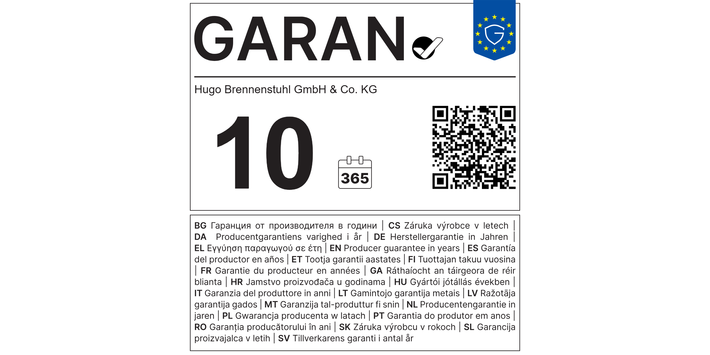 etiqueta de garantía de la UE de 10 años